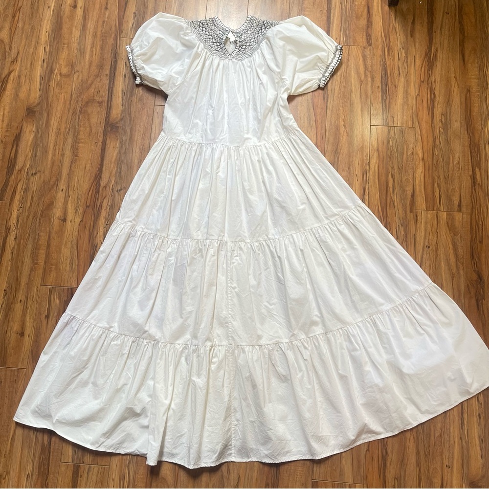 Doen Cream Smocked Yoke Cotton Dress with Black Embroidery - Picture 7 of 16